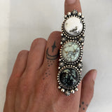 Huge Ornate 3-Stone White Buffalo and Variscite Ring- Sterling Silver and Natural Stones- Finished to Size or as a Pendant