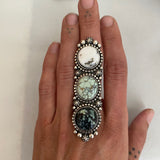 Huge Ornate 3-Stone White Buffalo and Variscite Ring- Sterling Silver and Natural Stones- Finished to Size or as a Pendant