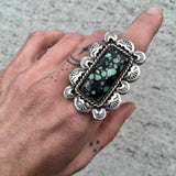 Ornate Hand-Stamped Variscite Statement Ring or Pendant- Sterling Silver and Posiedon Variscite- Finished to Size