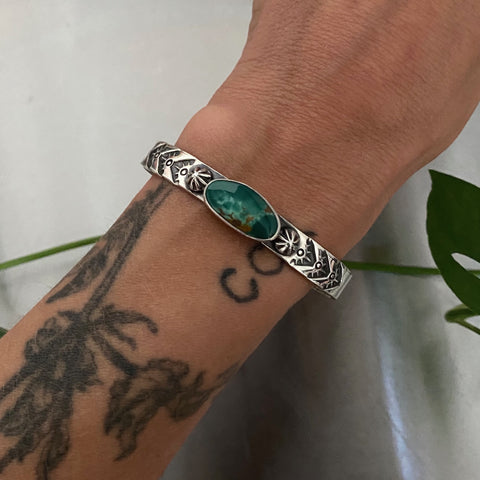Chunky Hand-Stamped Turquoise Cuff- Size S/M- Sterling Silver and Royston Turquoise Bracelet