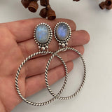 Large Moonstone Hoop Earrings- Sterling Silver and Rainbow Moonstone