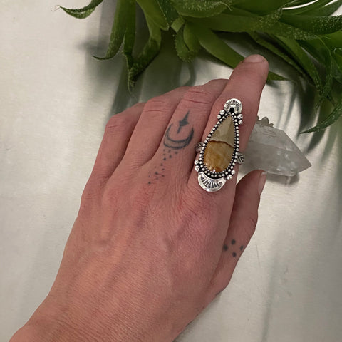 Horizon Ring Size 7- Sterling Silver and Picture Jasper- Hand Stamped Band