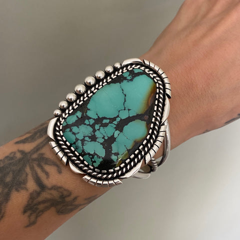 HUGE Turquoise Statement Cuff- Sterling Silver and Bamboo Mountain Turquoise Bracelet- Size S/M