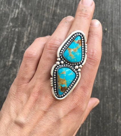 Huge Two-Stone Turquoise Ring- Sterling Silver and Kingman Turquoise- Finished to Size
