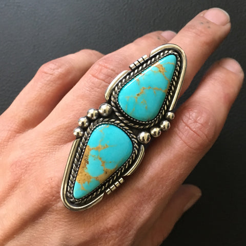 Huge Two-Stone Turquoise Bubble Ring- Sterling Silver and Kingman Turquoise- Finished to Size