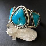 3-Stone Turquoise and Sterling Silver Cuff Bracelet- Kingman and Turquoise Mountain Turquoise Statement Cuff
