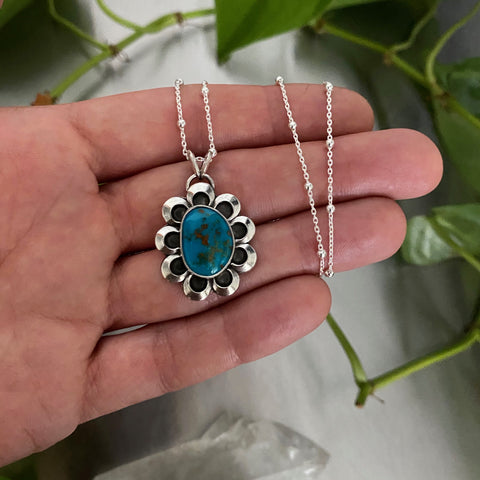 Dainty Turquoise Floral Necklace- Sterling Silver and King's Manassa Turquoise- 18" Chain