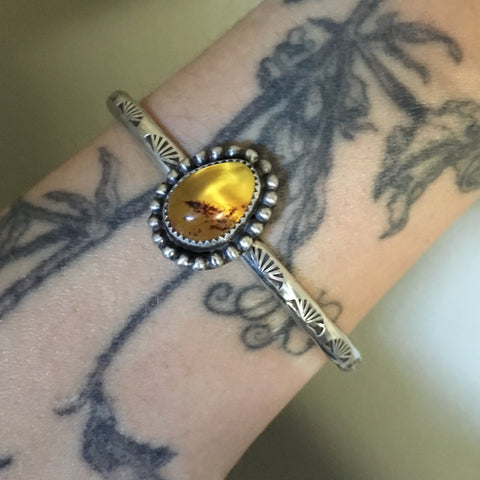 Stamped Amber Stacker Cuff- Mayan Amber and Sterling Silver Bracelet- Size M/L