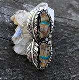 Large Two-Stone Turquoise and Sterling Leaf Ring- Royston Ribbon Turquoise and Sterling Silver- Finished to Size