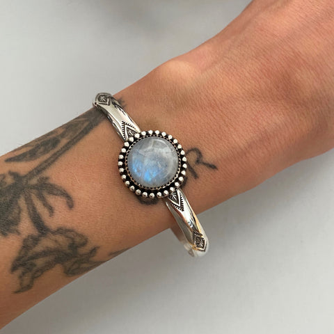Stamped Wide Stacker Cuff- Sterling Silver and Rainbow Moonstone Bracelet- Size M/L