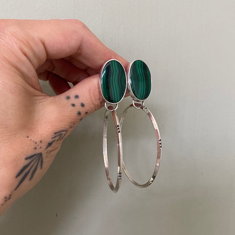 Malachite and Sterling Silver Hoop Earrings- Post Earrings for Pierced Ears
