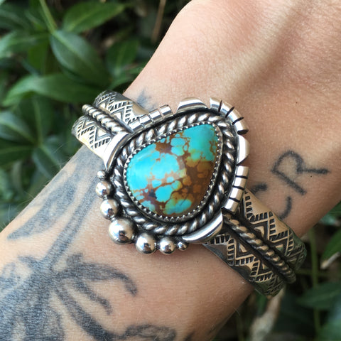 Chunky Hand-Stamped Turquoise Cuff Bracelet- Sterling Silver and Royston Turquoise- Size S/M