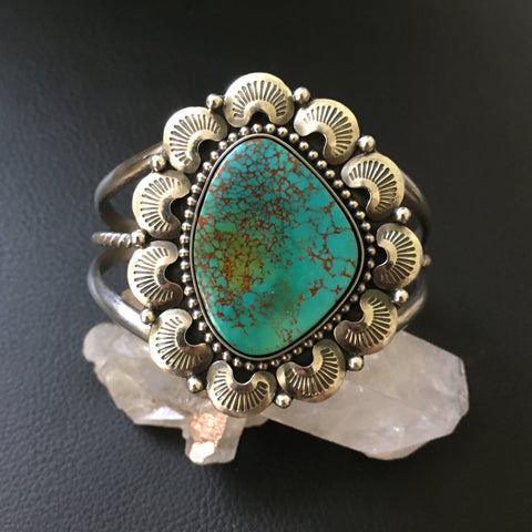 Huge Kings Manassa Turquoise Cuff Bracelet- Sterling Silver and Turquoise Crescent Moon Overlay Statement Cuff