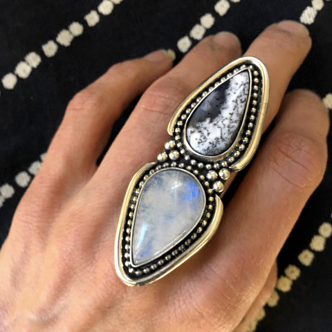 Huge Two-Stone Moonstone and Dendritic Opal Ring- Snow Queen Ring- Finished to Size