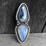Huge Two-Stone Moonstone and Dendritic Opal Ring- Snow Queen Ring- Finished to Size