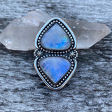 Huge Double Moonstone Ring- Sterling Silver and Rainbow Moonstone- Finished to Size or as a Pendant