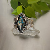 Ornate Leafy Turquoise Cuff- Sterling Silver and Morenci II Turquoise Bracelet- Size S/M