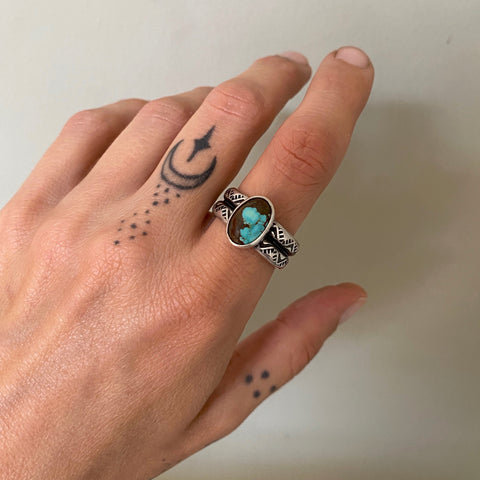 Chunky Stamped Sterling Silver Ring- Number 8 Turquoise- Size 10-10.25