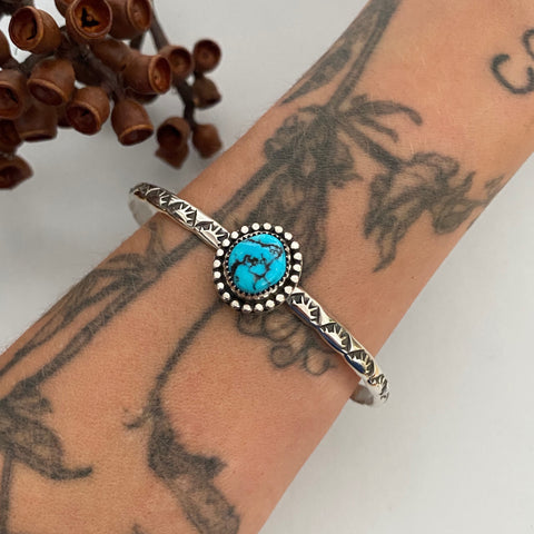Stamped Turquoise Stacker Cuff- Sterling Silver and Kingman Turquoise Bracelet- Size L/XL