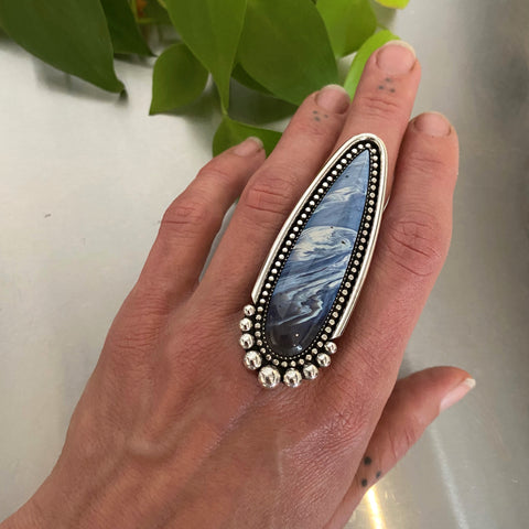 The Ocean Mist Ring- Pioneer Blue Swirl Slag Glass and Sterling Silver- Finished to Size or as a Pendant