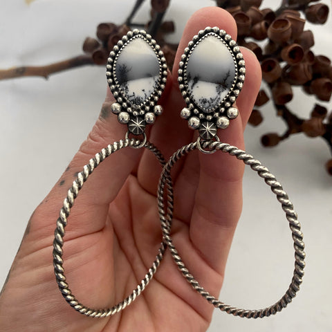 X-Large Celestial Hoop Earrings- Dendritic Opal and Sterling Silver