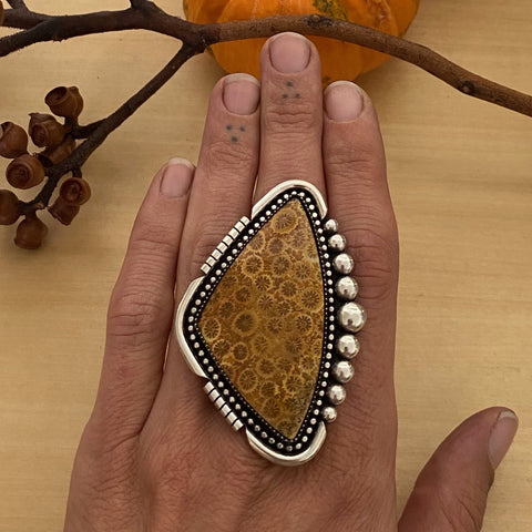 Huge Fossilized Coral Statement Ring or Pendant- Sterling Silver and Fossil Coral- Finished to Size