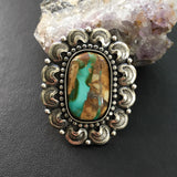 Ornate Royston Ribbon Turquoise Ring- Sterling Silver and Royston Turquoise Overlay Statement Ring- Finished to Size or as Pendant