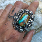Ornate Royston Ribbon Turquoise Ring- Sterling Silver and Royston Turquoise Overlay Statement Ring- Finished to Size or as Pendant