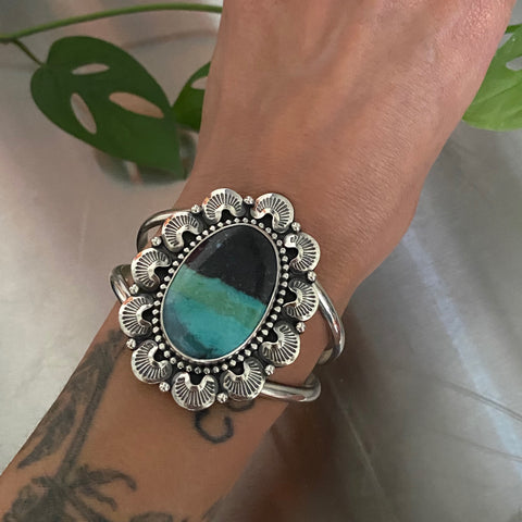 Large Endless Summer Ornate Overlay Cuff Bracelet- Sterling Silver and Blue Opal Petrified Wood- Size S/M