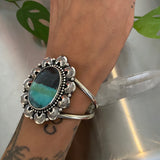 Large Endless Summer Ornate Overlay Cuff Bracelet- Sterling Silver and Blue Opal Petrified Wood- Size S/M