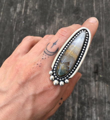 Large Prudent Man Agate Talon Ring- Sterling Silver and Agate Statement Ring- Finished to Size