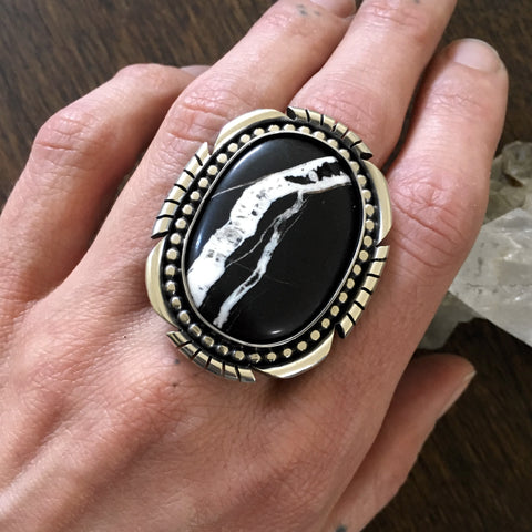 Large White Buffalo Statement Ring- Sterling Silver and White Buffalo Ribbon - Finished to Size