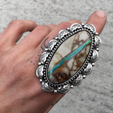 Huge Royston Ribbon Turquoise Hand Stamped Ring or Pendant- Sterling Silver Overlay Ring- Finished to Size