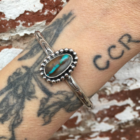 Stamped Turquoise Stacker Cuff- Royston Ribbon Turquoise and Sterling Silver Bracelet- Size S/M
