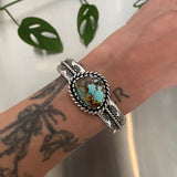 Chunky Wide Band Turquoise Cuff- Size S/M- Stamped Sterling and Royston Ribbon Turquoise