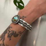 Chunky Wide Band Turquoise Cuff- Size S/M- Stamped Sterling and Royston Ribbon Turquoise
