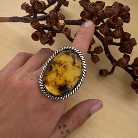 Large Amber Statement Ring- Sterling Silver and Mayan Amber - Finished to Size