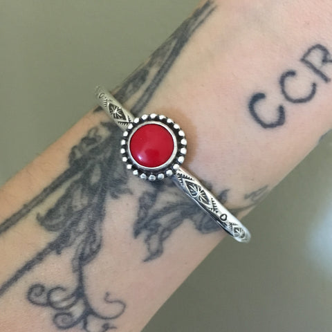 Stamped Rosarita Stacker Cuff- Sterling Silver and Red Rosarita Bracelet- Size S/M