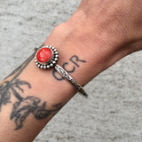 Stamped Rosarita Stacker Cuff- Sterling Silver and Red Rosarita Bracelet- Size S/M