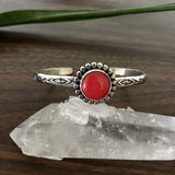 Stamped Rosarita Stacker Cuff- Sterling Silver and Red Rosarita Bracelet- Size S/M