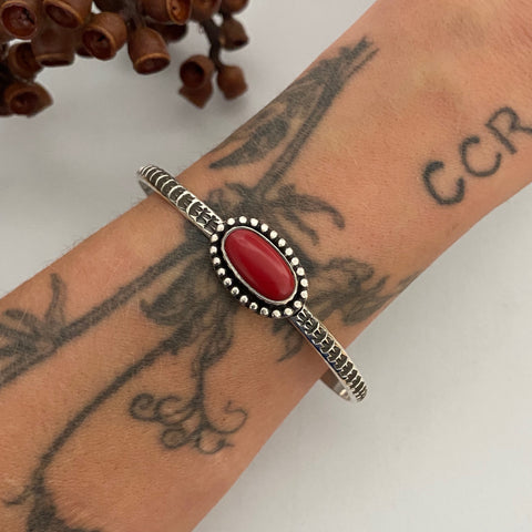 Stamped Rosarita Stacker Cuff- Sterling Silver and Red Rosarita Bracelet- Size M/L