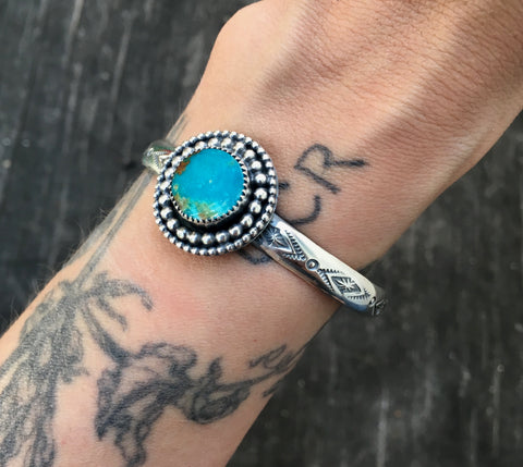 Stamped Turquoise Cuff Bracelet- Sterling Silver and Turquoise Mountain Turquoise Wide Stacker Cuff- Size S/M