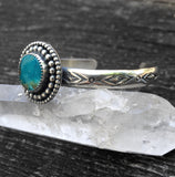 Stamped Turquoise Cuff Bracelet- Sterling Silver and Turquoise Mountain Turquoise Wide Stacker Cuff- Size S/M