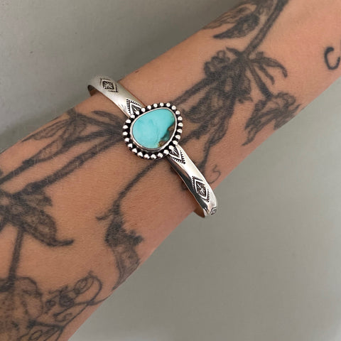 Stamped Wide Stacker Cuff- Sterling Silver and Royston Turquoise Bracelet- Size M/L