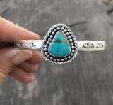 Stamped Turquoise Cuff Bracelet- Sterling Silver and Royston Turquoise Wide Stacker Cuff- Size M/L