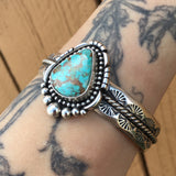 Chunky Hand-Stamped Turquoise Cuff Bracelet- Sterling Silver and Royston Turquoise- Size M/L