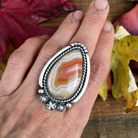 Large Banded Agate and Sterling Silver Ring or Pendant- Hand Stamped Celestial Ring- Finished to Size