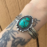 Chunky Hand-Stamped Turquoise Cuff Bracelet- Sterling Silver and Sierra Nevada Turquoise- Size S/M