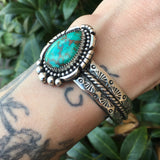 Chunky Hand-Stamped Turquoise Cuff Bracelet- Sterling Silver and Sierra Nevada Turquoise- Size S/M