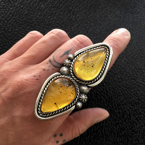 Large 2-Stone Amber Ring- Sterling Silver and Mayan Amber - Finished to Size